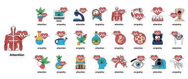 Görüntü, çeşitli duygu ve kavramları temsil eden kalp şeklindeki ikonların bir derlemesidir. İkonlar arasında şırınga tutan bir kalp ve kamera tutan bir kalp var.