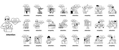 Görüntü, farklı duygu ve tutumları temsil eden çizgi film karakterlerinin bir koleksiyonudur. Karakterler çeşitli stil ve pozlarda çiziliyor ve ızgara benzeri bir şekilde diziliyorlar.