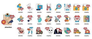 Görüntü, her biri farklı bir duygu ya da konsepti temsil eden çeşitli kalp şekilli ikonların bir koleksiyonudur. Simgeler arasında kalemi olan bir kalp, kameralı bir kalp, tekerlekli sandalyeli bir kalp var.