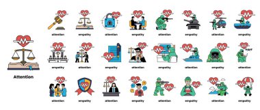 Görüntü, farklı duygu ve kavramları temsil eden çeşitli kalp şekilli ikonların bir derlemesidir. İkonlar arasında bir asker, bir yargıç, bir avukat, bir doktor ve bir polis memuru yer alıyor.