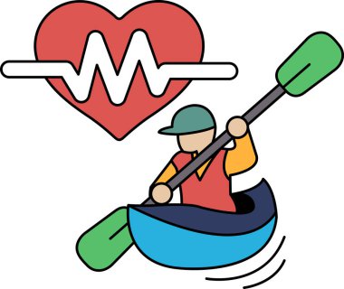 Yanında kalp olan bir adam kanoda kürek çekiyor. Kalp, aynı zamanda bir küreğe bağlı olan bir çizgiye bağlıdır.