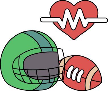 Kalbin yanına futbol kaskı ve futbol topu çizilir. Kalp, EKG 'ye benzeyen bir hat ile çevrili. Spor ve sağlık kavramı