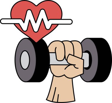 Üzerinde kalp olan bir dambılı tutan siyah beyaz bir el çizimi. Çizim, güç ve uygunluk fikrini aktarıyor.