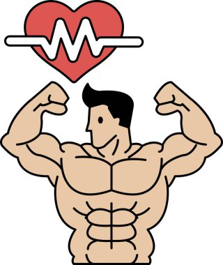 Kas yapısı olan bir adama göğsünde bir kalp gösterilir. Kalp, aynı zamanda siyah olan bir çemberle çevrilidir. Adam gülümsüyor ve görüntü bir güç ve pozitiflik hissi veriyor.