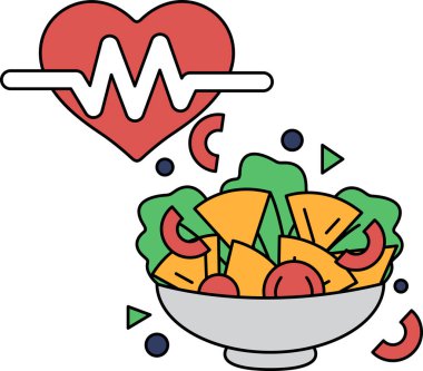 Bir kalp ve bir kase salata siyah beyaz bir resimde gösterilir. Kalp, yaşam ve canlılığın sembolü olan bir dalgayla çevrilidir. Salata sağlıklı beslenmenin bir göstergesidir.