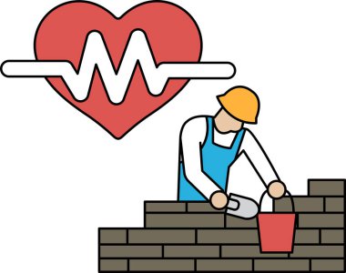 Bir adam kovayla duvar örüyor. Duvar tuğladan yapılmıştır. Adam sert bir şapka takıyor. Sıkı çalışma ve kendini adama kavramı