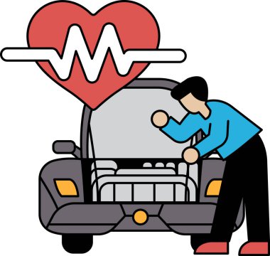 Bir adam araba motoru üzerinde çalışıyor. Adam takım elbise giyiyor ve elindeki işe odaklanmış durumda. Araba yolun kenarına park edilmiş ve adam kaputun altına bakıyor.