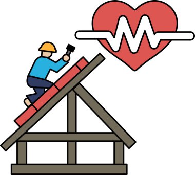 Arka planda kalp gösterilirken bir adam çatıda çalışıyor. Kalp, enerji akışını ya da insanın kalp atışını temsil eden bir dalgayla çevrilidir. Sıkı çalışma kavramı