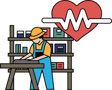 Bir adam kütüphanede bir proje üzerinde çalışıyor. Adam sert bir şapka takıyor ve etrafı kitaplarla çevrili. Kitaplar raflarda sıraya dizildi. Adam işine odaklanmış.