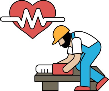 Bir adam bir yandan kalbi olan bir makine üzerinde çalışıyor. Kalp, adamın kalp atışlarını izleyen bir makineye bağlı. Adam sıkı bir şapka ve çelik yelek giyiyor.