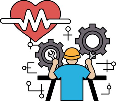 Bir adam arka planda kalbi olan bir makine üzerinde çalışıyor. Kalp dişlilerle çevrili ve adam ingiliz anahtarı tutuyor. Karmaşık bir makine üzerinde çalışan biri kavramı