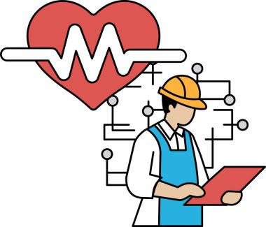 Arka planda kalp gösterilirken bir adam bilgisayarda çalışıyor. Teknolojinin tıp alanındaki önemi ve işçilerin bu teknolojinin korunması ve geliştirilmesinde oynadığı rol kavramı