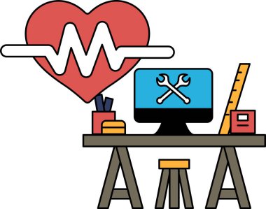 Bilgisayar monitörü ve kalbi olan siyah beyaz bir masa çizimi. Kalp bir dalgayla çevrilidir ve bilgisayar monitörü bir masanın üstündedir. Masa çeşitli eşyalarla dolu.