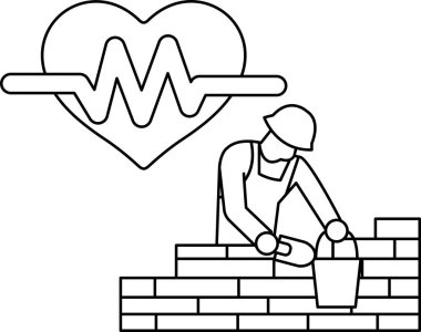 Bir adam kovayla duvar örüyor. Duvar tuğladan yapılmıştır. Adam sert bir şapka takıyor. Sıkı çalışma ve kendini adama kavramı