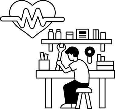 Bir adam, arkasında kalbi olan bir makine üzerinde çalışıyor. Kalp bir dalgayla çevrili, bu da adamın kalp bağlantılı bir cihazı tamir ettiğini gösteriyor. Önemli ve aciliyet kavramı