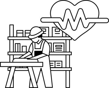 Bir adam kütüphanede bir proje üzerinde çalışıyor. Adam sert bir şapka takıyor ve etrafı kitaplarla çevrili. Kitaplar raflarda sıraya dizildi. Adam işine odaklanmış.