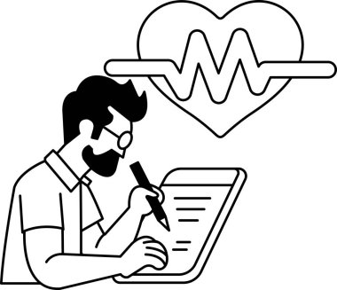 Bir adam bir kağıt parçasına yazıyor. Adam gözlük takıyor ve sakalı var. Bir adamın önemli bir şey yazması ya da çalışması kavramı