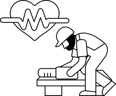Bir adam bir yandan kalbi olan bir makine üzerinde çalışıyor. Kalp, adamın kalp atışlarını izleyen bir makineye bağlı. Adam sıkı bir şapka ve çelik yelek giyiyor.