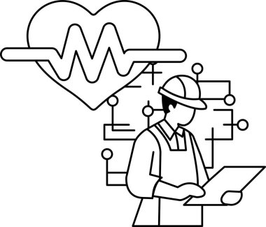Arka planda kalp gösterilirken bir adam bilgisayarda çalışıyor. Teknolojinin tıp alanındaki önemi ve işçilerin bu teknolojinin korunması ve geliştirilmesinde oynadığı rol kavramı