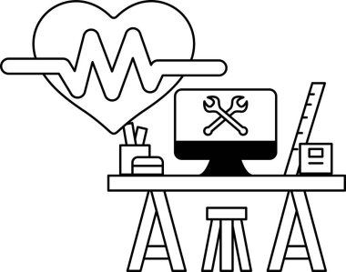 Bilgisayar monitörü ve kalbi olan siyah beyaz bir masa çizimi. Kalp bir dalgayla çevrilidir ve bilgisayar monitörü bir masanın üstündedir. Masa çeşitli eşyalarla dolu.