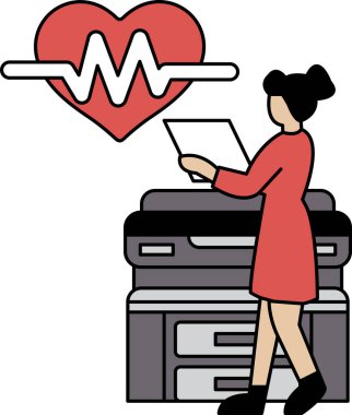 Bir kadın bir yazıcının önünde duruyor ve gazete okuyor. Kadın belgeyi okurken odak ve konsantrasyon kavramı. Siyah ve beyaz renk şeması bir zamansızlık hissi ekler