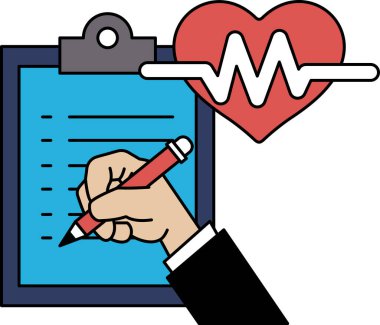 Kalemle bir kişi panoya yazı yazıyor. Panonun üzerinde bir kalp var. Birinin sağlığına dikkat etme kavramı ve sağlık raporlarını takip etmenin önemi