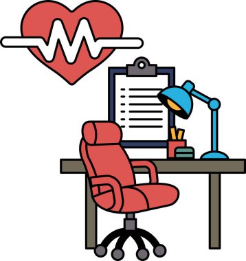 Sandalyesi ve lambası olan siyah beyaz bir masa çizimi. Masanın üzerinde bir dosya ve bir kalp var. Çizim, masa çalışmak ya da çalışmak için kurulduğu için bir sakinlik ve odaklanma hissi veriyor.