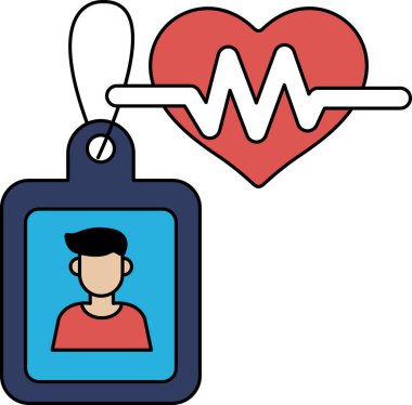 Bir adamın yaka kartı kalbe iliştirilmiştir. Etiket bir ipten sarkıyor. Kalp, görüntünün ortasındadır.