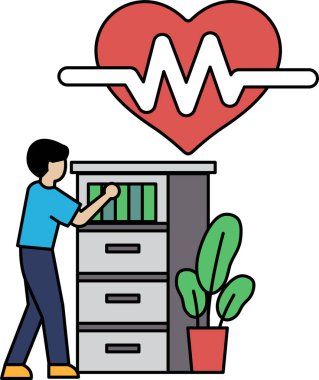 Bir adam dosya dolabına uzanıyor. Dolap dosyalarla dolu ve adam bir şey arıyor. Organizasyon kavramı ve her şeyi düzenli tutmanın önemi