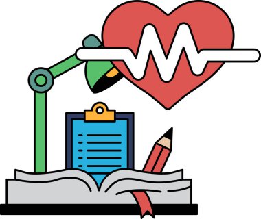 Yanında kalem ve pano olan siyah beyaz bir kalp çizimi. Panoda yazılı şeylerin bir listesi var.