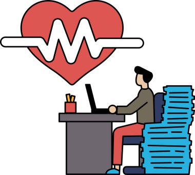 Bir adam dizüstü bilgisayarı ve yığınla kağıtla masada oturuyor. Verimlilik ve odaklanma kavramı. Adam dizüstü bilgisayarı üzerinde çalışırken etrafını kağıt yığınları sarmış.