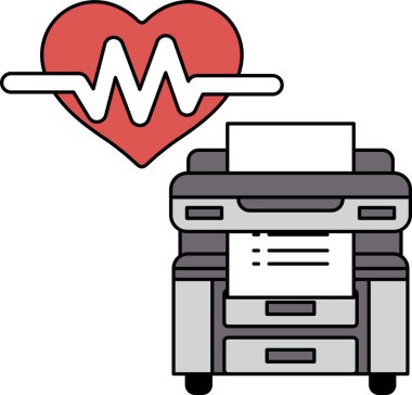 Resmin sol tarafında kalbi olan bir yazıcının siyah beyaz çizimi. Kalp, kalp atışlarının sembolü olan bir dalgayla çevrilidir.