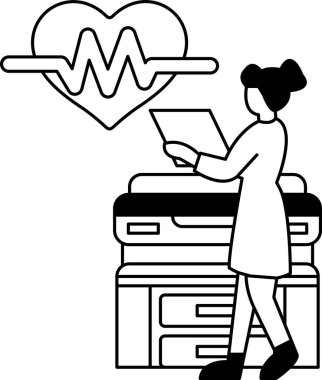 Bir kadın bir yazıcının önünde duruyor ve gazete okuyor. Kadın belgeyi okurken odak ve konsantrasyon kavramı. Siyah ve beyaz renk şeması bir zamansızlık hissi ekler