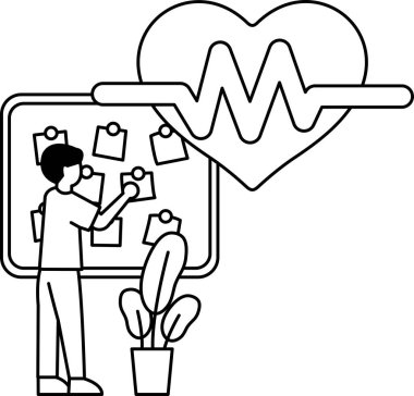 Bir adam üzerinde kalp olan beyaz bir tahtanın önünde duruyor. Elinde bir pano var ve ona bakıyor. Tahtadaki kalp bir sürü kağıtla çevrili.
