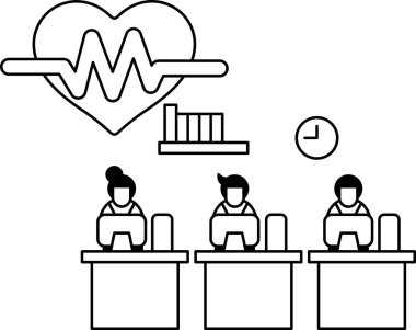 Üç kişi bir odada masalarda oturuyor. Odanın duvarında bir saat ve duvarında bir kalp var. İnsanlar dizüstü bilgisayarlarıyla çalışıyorlar.