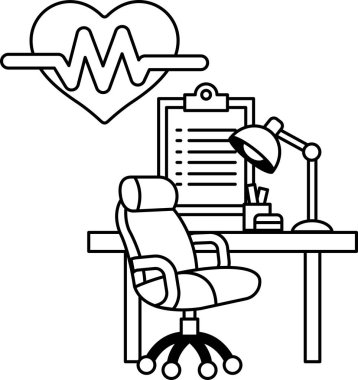 Sandalyesi ve lambası olan siyah beyaz bir masa çizimi. Masanın üzerinde bir dosya ve bir kalp var. Çizim, masa çalışmak ya da çalışmak için kurulduğu için bir sakinlik ve odaklanma hissi veriyor.