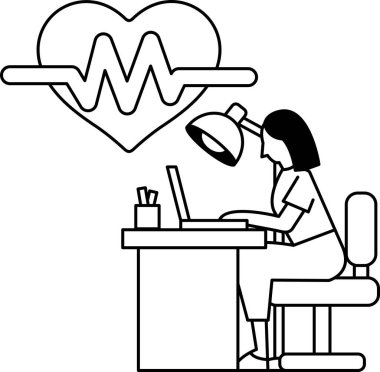 Masasında dizüstü bilgisayarı ve lambası olan bir kadın oturuyor. Kadın dizüstü bilgisayarı üzerinde çalıştığı için verimlilik ve odaklanma kavramı. Lambanın varlığı iyi ışıklandırılmış bir çevrede olduğunu gösteriyor.