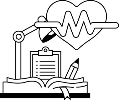 Yanında kalem ve pano olan siyah beyaz bir kalp çizimi. Panoda yazılı şeylerin bir listesi var.