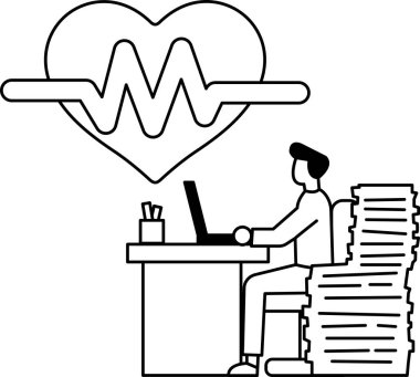 Bir adam dizüstü bilgisayarı ve yığınla kağıtla masada oturuyor. Verimlilik ve odaklanma kavramı. Adam dizüstü bilgisayarı üzerinde çalışırken etrafını kağıt yığınları sarmış.