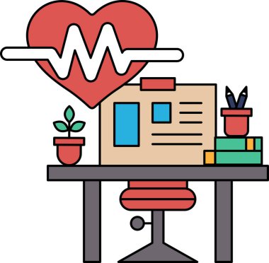 Kalbi ve bitkisi olan bir masanın siyah beyaz çizimi. Kalp bir dalgayla çevrilidir ve bitki bir çömleğin içindedir. Masanın bir sandalyesi ve kitabı var.