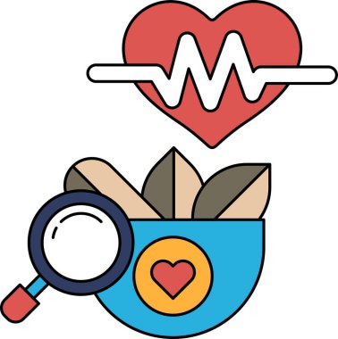 Beyaz arka planda bir kalp ve bir büyüteç var. Kalp bir kase ile çevrilidir ve büyüteç kalbin sol tarafındadır. Önemli bir şeye yakından bakma kavramı