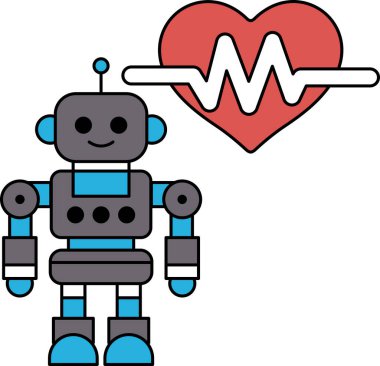 Kalbin yanında bir robot duruyor. Robot gülümsüyor ve kalbi açık. Umut ve olumluluk kavramı