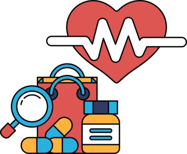 Yanında alışveriş çantası ve bir şişe hap olan siyah beyaz bir kalp çizimi.