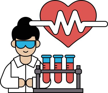 Laboratuvar önlüklü bir adam beyaz arka planda bir kalple çalışıyor. Kalp bir dalgayla çevrili ve adam gözlük takıyor. Bilimsel keşif ve keşif kavramı