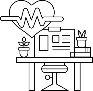 Kalbi ve bitkisi olan bir masanın siyah beyaz çizimi. Kalp bir dalgayla çevrilidir ve bitki bir çömleğin içindedir. Masanın bir sandalyesi ve kitabı var.