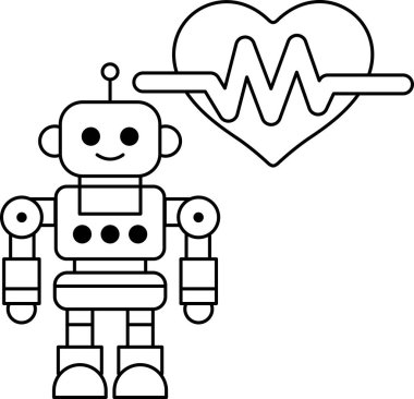 Kalbin yanında bir robot duruyor. Robot gülümsüyor ve kalbi açık. Umut ve olumluluk kavramı