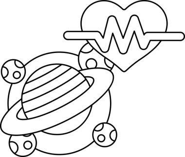 Bir kalp ve bir gezegenin siyah beyaz çizimi. Kalp bir daire ile çevrilidir ve gezegen merkezdedir. Çizim, evren hakkında merak ve merak uyandırıyor.