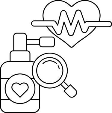 Üzerinde kalp olan bir ilaç şişesi ve bir büyüteç. Kalp bir daire ile çevrili ve büyüteç dairenin ortasında.