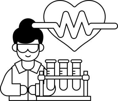 Laboratuvar önlüklü bir adam beyaz arka planda bir kalple çalışıyor. Kalp bir dalgayla çevrili ve adam gözlük takıyor. Bilimsel keşif ve keşif kavramı