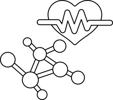 Bir kalp ve bir molekül siyah ve beyaz çizimde gösterilir. Kalp bir daire ile çevrilidir ve molekül bir kare ile çevrilidir.